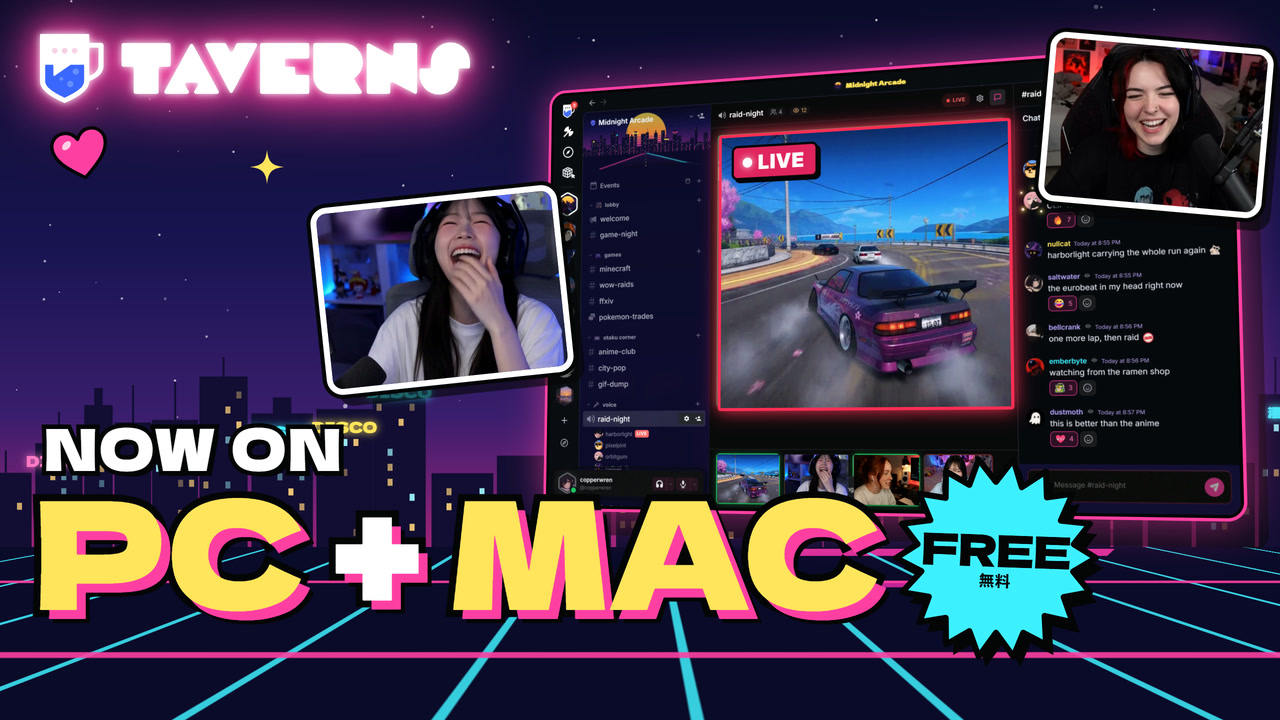 Taverns on Windows and Mac launch video: NOW ON PC + MAC over a live drift stream and two friends laughing on camera