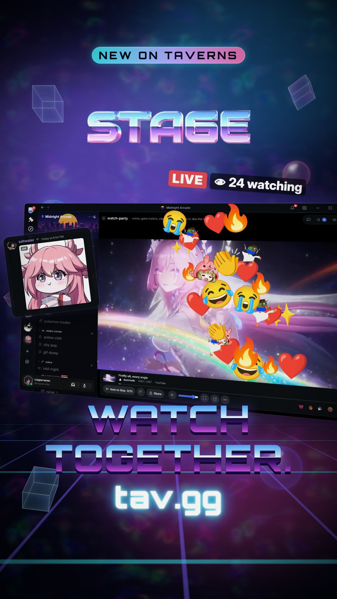 Watch videos together on Taverns, the Stage Short: a live Stage hall with reactions, a GIF reply and WATCH TOGETHER