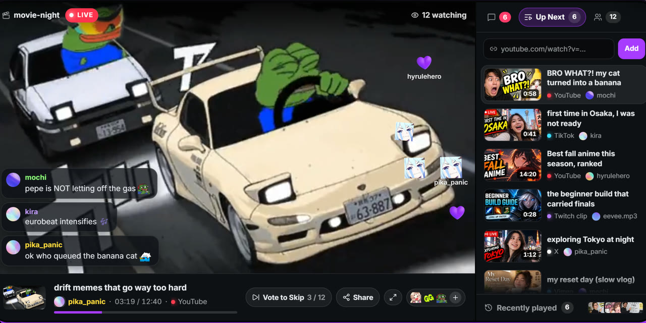 The Taverns homepage Stage example: a drift video playing in a Stage hall with LIVE, chat bubbles, reactions, Vote to Skip and Up Next