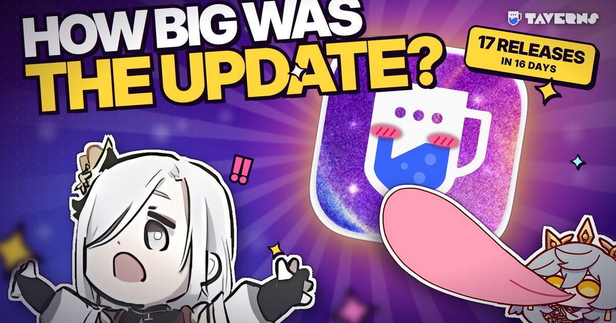How big was the Taverns update? A shocked chibi holds her arms out wide beside a giant Taverns icon getting licked