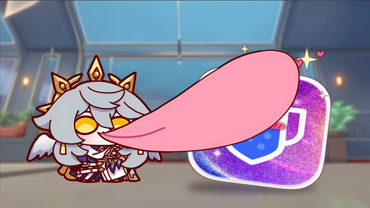 A chibi licks the Taverns app icon with a giant tongue, and the icon blushes and squishes